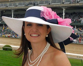 White Derby Hat, Navy, Pink Derby Hat, Wedding Hat