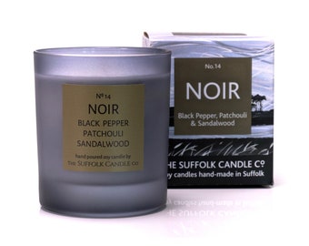 NOIR - Black pepper, Patchouli and Sandalwood - handmade scented candle 100% soy wax in a smoked glass container 200g