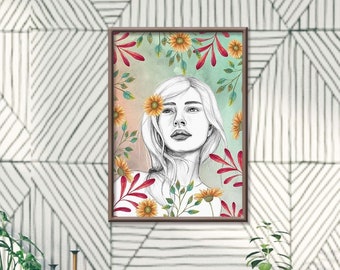 Woman with Flowers | Charcoal Portrait of a Woman with Flowers | Watercolor and Charcoal | Digital print | Female Print | Printable wall art