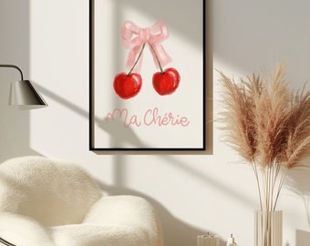 Ma Cherie Red Cherries Coquette Wall Art, Trendy Poster, Aesthetic Print, Room Decor for Her, Feminine Style, Nursery Printable, Handmade