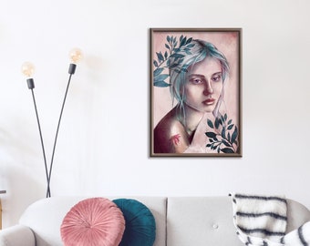 Woman with tattoo | Charcoal portrait | pastel illustration | Digital print | Printable wall art | Female painting | Floral vintage wall art