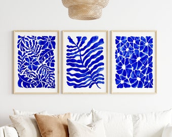 Matisse Style set of 3 botanical prints from Original art | Ultramarine blue gallery wall art | Set number 1 of 3