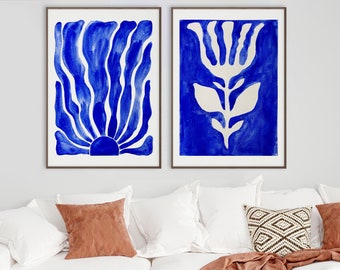 Matisse Style set of 2 botanical prints from Original art | Ultramarine blue gallery wall art | Set number 3 of 3