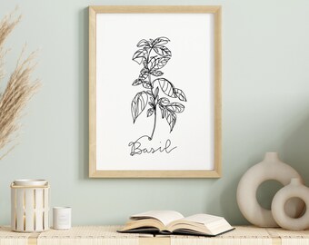 Basil print line art, Single line drawing of aromatic plants, one line wall art for your home