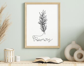 Rosemary print line art, Single line drawing of aromatic plants, one line wall art for your home