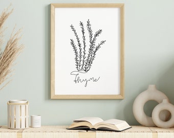 Thyme print line art, Single line drawing of aromatic plants, one line wall art for your home