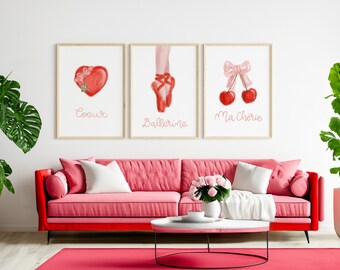 Set of 3 Coquette Wall Art, Ma Cherie, Ballerine, Coeur, Handmade, Trendy Poster, Aesthetic Print, Girl Room Decor for Home, Feminine Style