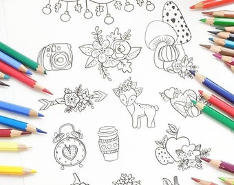 Fall Printable coloring Page | Cute Animals for coloring | Instant Download |Autumn Illustrations | Fall Clipart | Activity Page