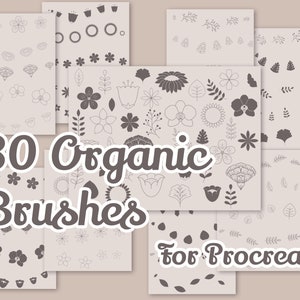 May include: A collection of digital brushes for Procreate, featuring 80 organic floral and botanical designs. The image showcases various flower and leaf illustrations in a neutral color palette, perfect for digital art projects.