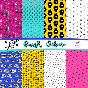 Punk digital paper, Skull Printable paper, Gothic digital collection, pen and ink digital illustrations, 80s clipart, retro pattern paper
