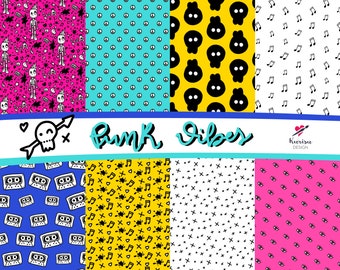 Punk digital paper, Skull Printable paper, Gothic digital collection, pen and ink digital illustrations, 80s clipart, retro pattern paper