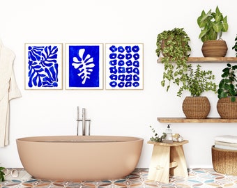 Matisse Style set of 3 botanical prints from Original art | Ultramarine blue gallery wall art | Set number 2 of 3