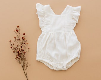 Baby Girl Linen Romper with ruffle shoulder