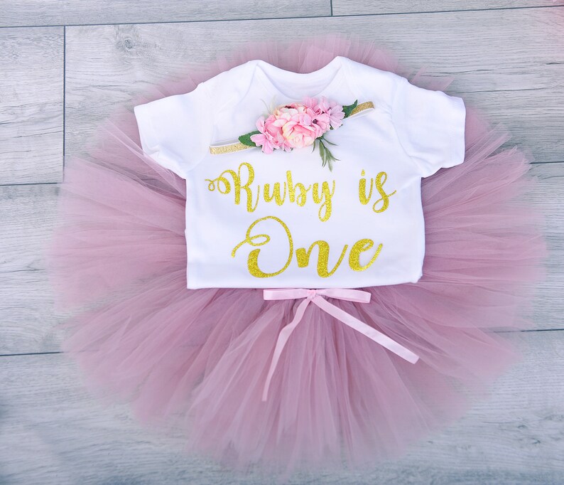 Girls 1st Birthday Outfit Personalised Cake Smash dress Crown Gold Party Dress Photo Shoot Glitter HeadbandDusty Pink Toddler Decoration