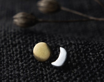 sun and moon (small stud earrings) /Tiny stud earrings, mixed metal jewellery, recycled sterling silver and brass studs, mix match odd studs