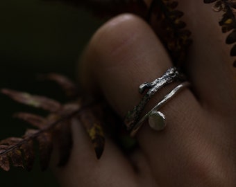 HARVEST MOON RINGS / Recycled silver stacking ring set, Full moon ring, Twig branch ring, Autumnal jewellery, Witchy, Celestial, Ethereal