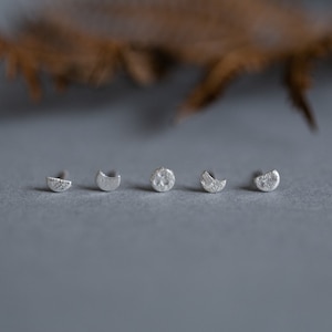 COSMOS moon phase studs / stardust silver moon earring set, celestial stud earrings, Mismatched full moon, half moon, lunar cycle set