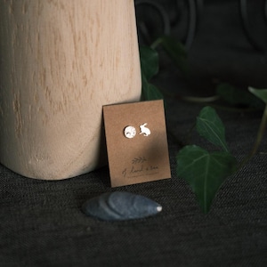 Peut inclure: Une paire de boucles d'oreilles en argent avec un petit cercle et une silhouette de lapin. Les boucles d'oreilles sont présentées sur une carte brune avec le texte "of land & sea" imprimé dessus.