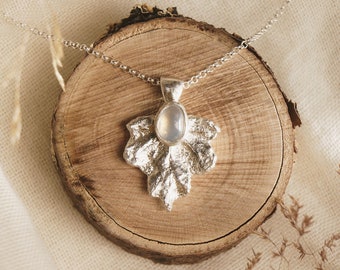 MAPLE MOONSTONE NECKLACE  / Handmade silver Leaf pendant, nature inspired Necklace, recycled sterling silver leaf necklace