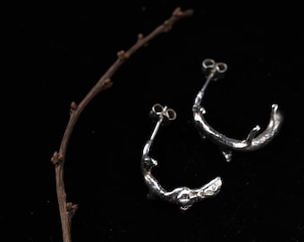 Silver Hawthorn Twig Hoop Earrings ~ Handmade Jewellery