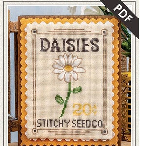 Puede incluir: Un patrón de punto de cruz para un paquete de semillas con una margarita y el texto "DAISIES 20¢ STITCHY SEED CO." El patrón es parte de la serie "Seed Packet Cross Stitch Series" de It's Sew Emma. El tamaño terminado es de 12,7 cm por 17,8 cm.