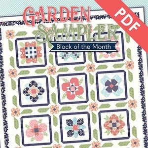 Månadens trädgårdsprovblock Nedladdningsbar PDF-quiltningsebok av Sherri Falls från This & That Pattern Company för It's Sew Emma