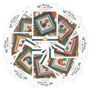 May include: A set of 12 cross-stitch patterns featuring chickens, each with a different name. The patterns are in a rustic style with a brown wooden frame and a white background. The text "Chicken Club" is printed on each pattern.