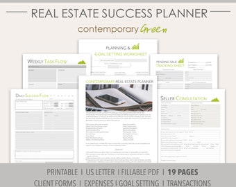 GREEN 2024 Real Estate Printable Planner Contemporary/Realtor Planner Undated /Client Forms/Goal Setting/Lead Generation/Transactions