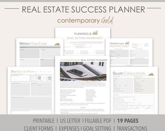 GOLD 2024 Real Estate Success Printable Planner Contemporary/Realtor Planner Undated /Client Forms/Goal Setting/Lead Generation/Transactions