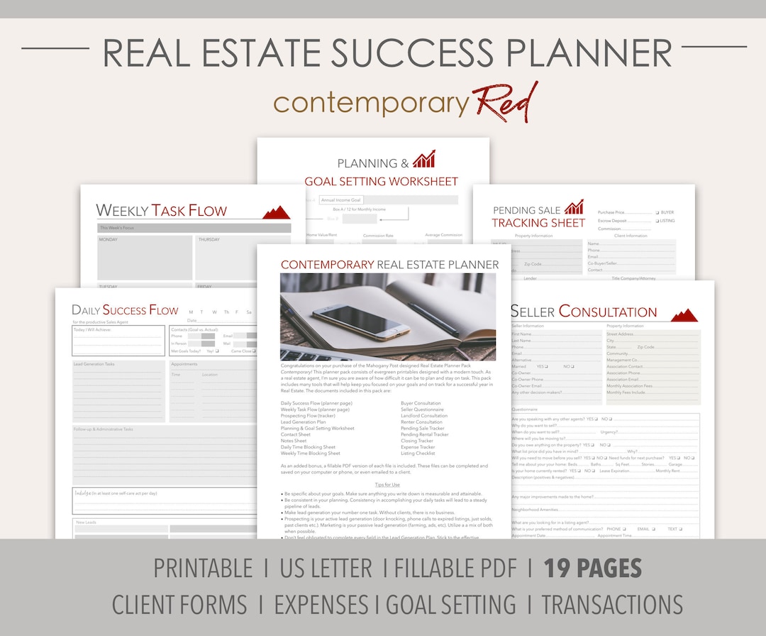 RED Real Estate Success Printable Planner Contemporary/realtor Planner/client Forms/goal Setting ...