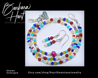 Lapis Ruby Peridot Pearl Silver Necklace & Earrings Set