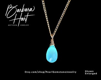 Teal Chalcedony Teardrop Gemstone Pendant 14K Gold Filled Necklace