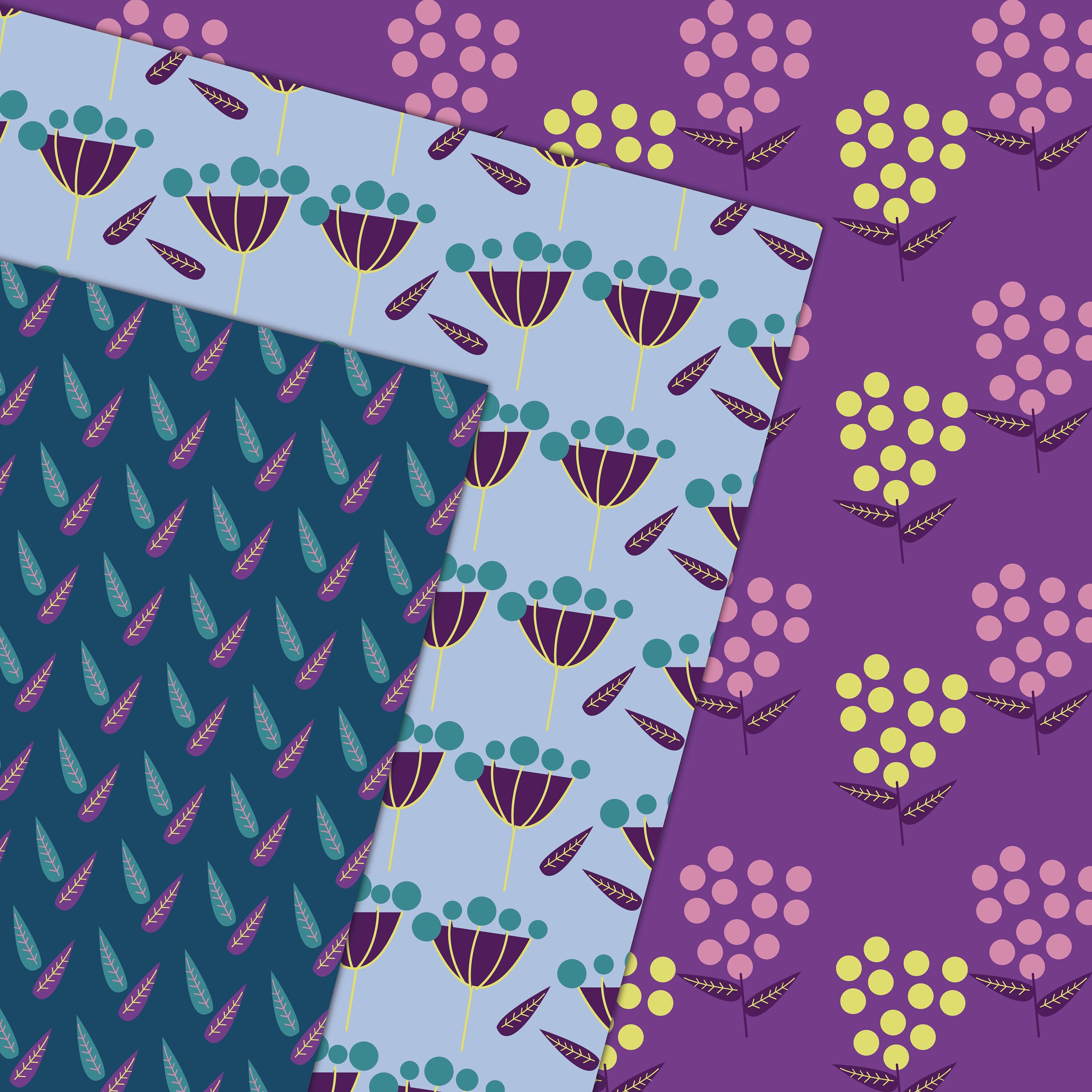 Scandi Flower Digital Paper Flower Wrapping Paper Purple Etsy