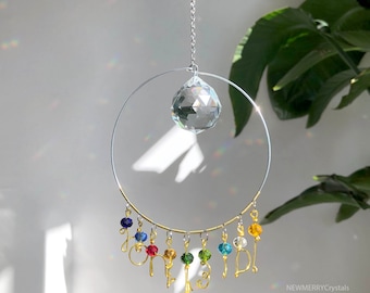 Personalized Family Birthstone Sun Catcher with Wire Initials, Gift For Mom Grandma