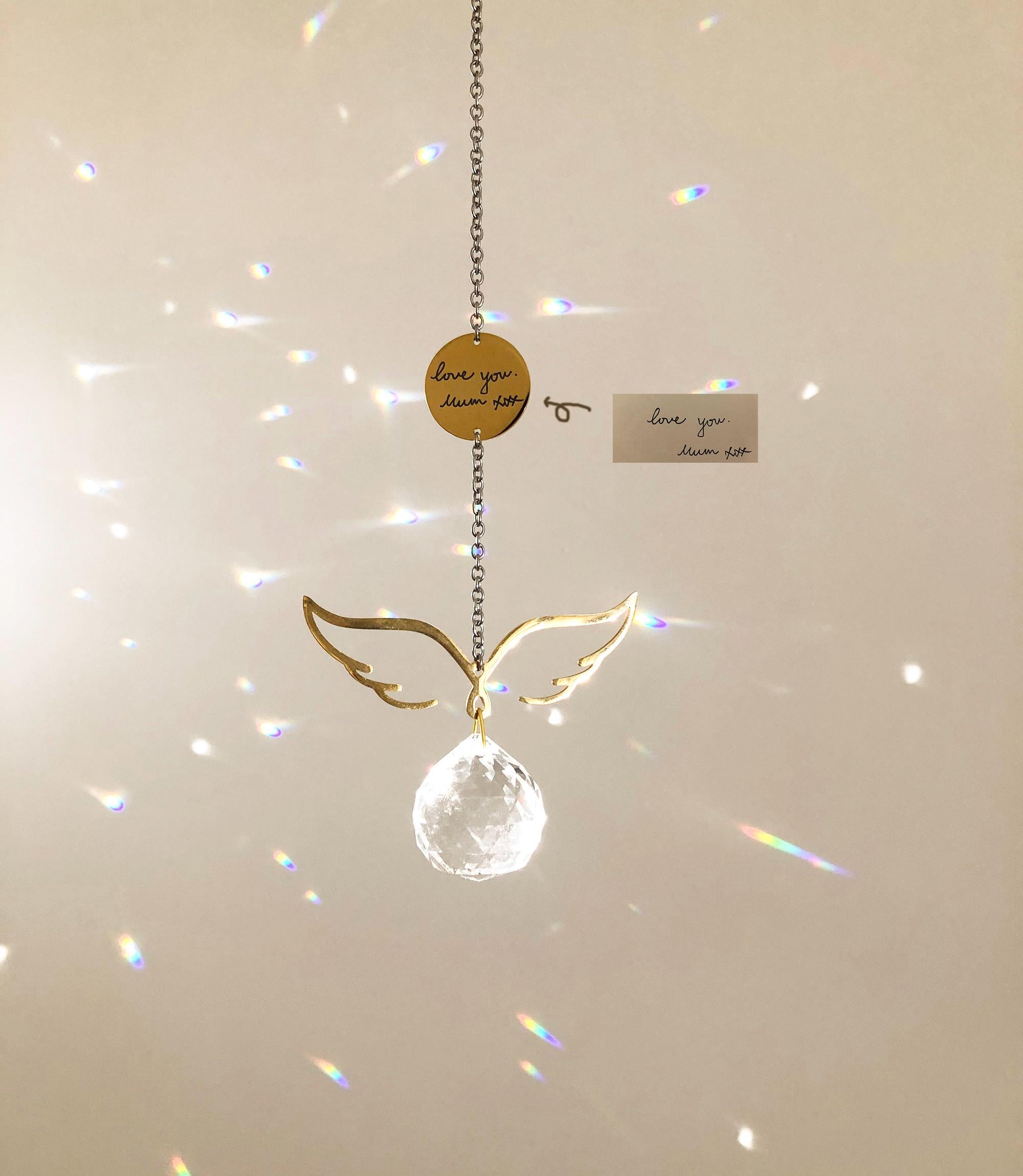 Personalized Handwritten Memorial Sun Catcher, Minimalist Angel Wings, Look for Me In The Rainbows