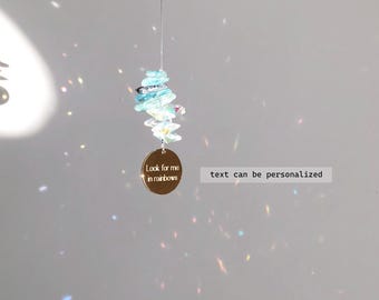 Personalized Memorial Sun Catcher, Look for Me in Rainbows, Blue Apatite Stone