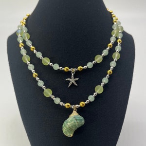 Large Sea Shell & Star Fish Pendant Necklace - Two Strand Glass Beaded Beach Jewelry