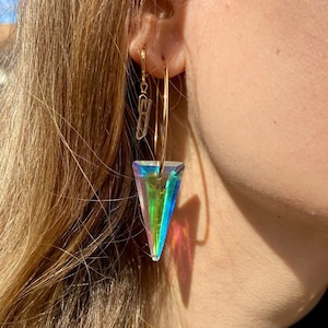 Triangle Suncatcher Crystal Hoop Earrings • Iridescent Gold 40mm Hoops • Rainbow Prism Drops • Light-Catching Jewelry