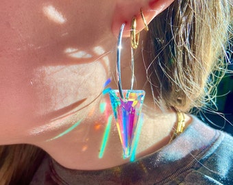 Suncatcher Silver Hoops | Triangle AB Crystals | Earring Prism | Iridescent Crystal Earrings | Sun-Refracted Crystal | 40mm Hoops