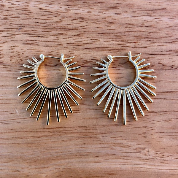 Sunburst Hoop Earrings | Sun Ray Earrings | Art Deco Gold Sun Hoops | Sunshine Hoop Earrings | Gold Spike Hoops | Minimalist Sun Shaped