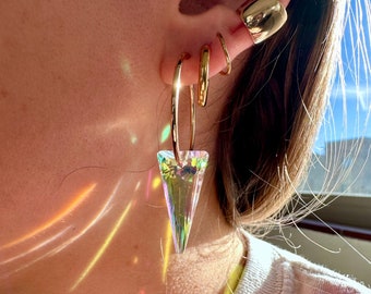 Suncatcher Earrings Small Gold Hoops with Small Triangle AB Crystal | Earring Prism | Iridescent Crystal | Sun-Refracted Crystal | 30mm Hoop