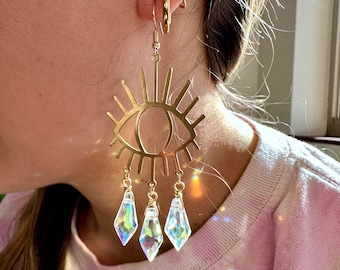Suncatcher Crystal Evil Eye Brass Earrings | Rainbow Dangle Earrings | Brass Evil Eye Crystal Earrings | Aura Crystal Prism Earrings