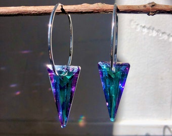 Suncatcher Silver Hoop Earrings | Earring Prism | Iridescent Crystal Earrings | Sun-Refracted Crystal | 40mm Hoops