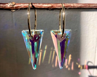 Suncatcher Small Gold Hoops with Triangle AB Crystals | Earring Prism | Iridescent Crystal Earrings | Sun-Refracted Crystal | 30mm Hoops