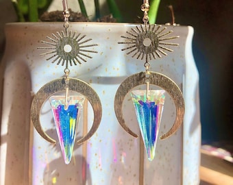 Suncatcher Brass Sun Moon Crystal Earrings | Celestial Earrings | Iridescent Geometric Earrings | Crescent Moon Earrings | Dangle Earrings