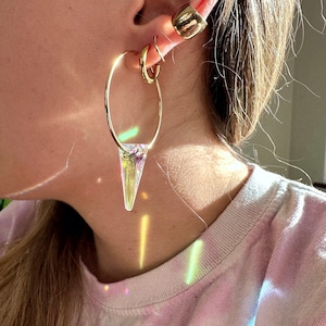Gold Filled Suncatcher Hoop Earrings: Iridescent AB Crystal Prism, 40mm