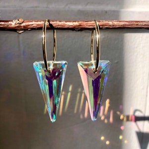 Suncatcher Small Gold Hoops with Triangle AB Crystals | Earring Prism | Iridescent Crystal Earrings | Sun-Refracted Crystal | 30mm Hoops