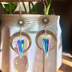 Suncatcher Brass Sun Moon Crystal Earrings | Celestial Earrings | Iridescent Geometric Earrings | Crescent Moon Earrings | Dangle Earrings