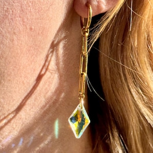 Gold-Plated Geometric Crystal Suncatcher Earrings | AB Crystal Light Catcher Huggie Hoops | Paperclip Chain Dangle Earrings