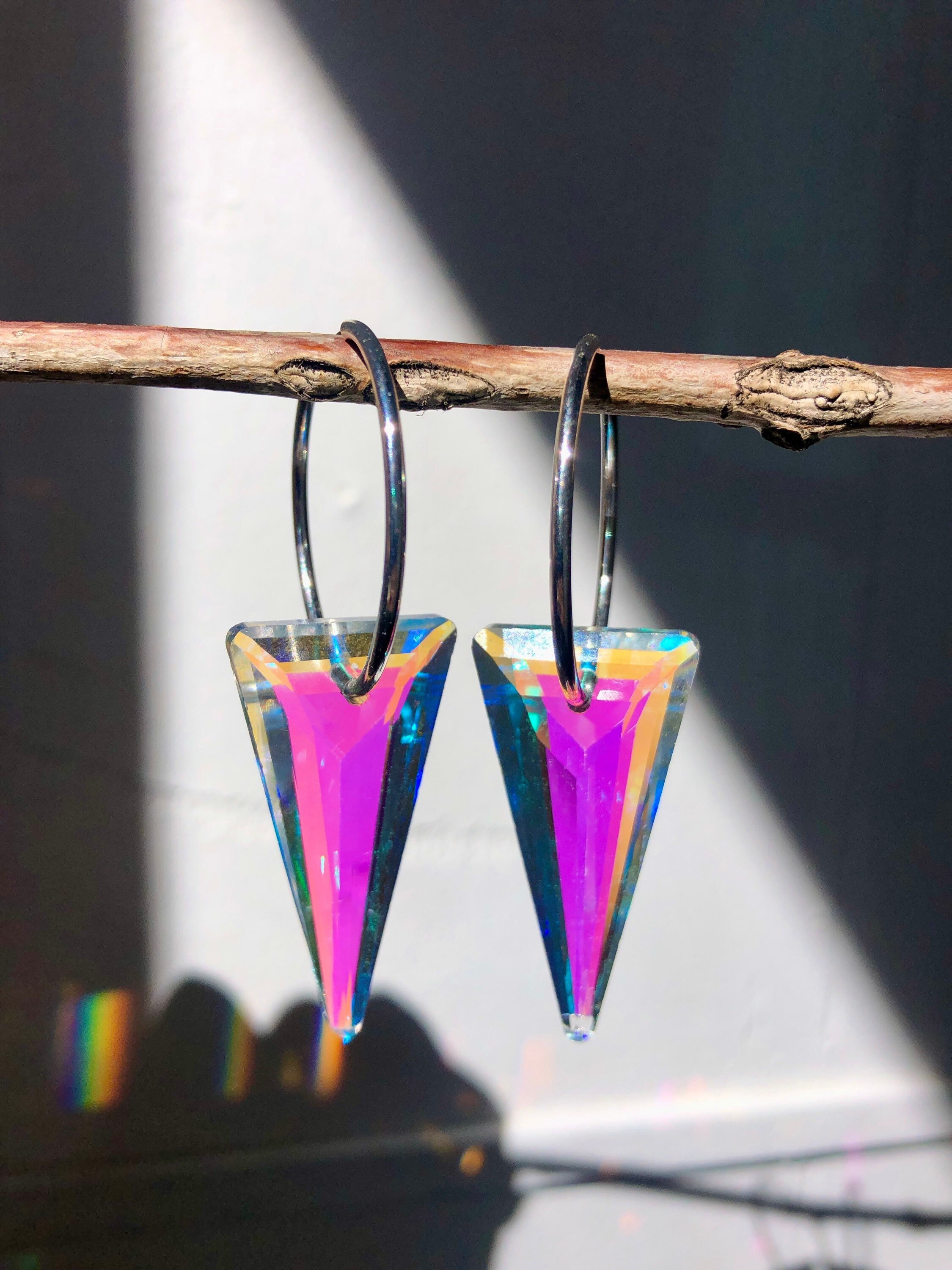 Suncatcher Small Silver Hoops with Triangle AB Crystals | Earring Prism | Iridescent Crystal Earrings | Sun-Refracted Crystal | 27mm Hoops